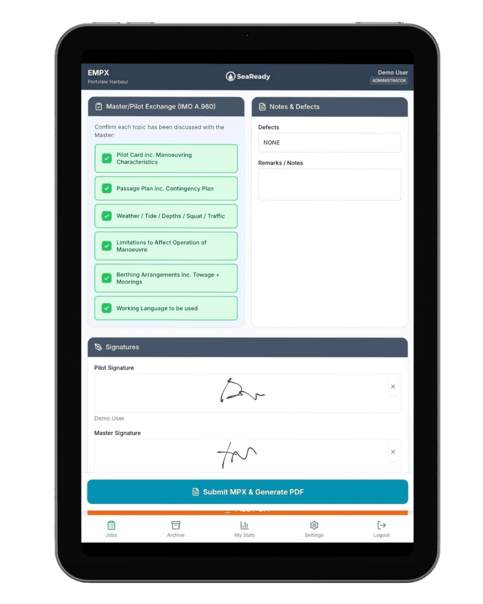 SeaReady eMPX Master/Pilot Exchange on tablet showing digital signatures
