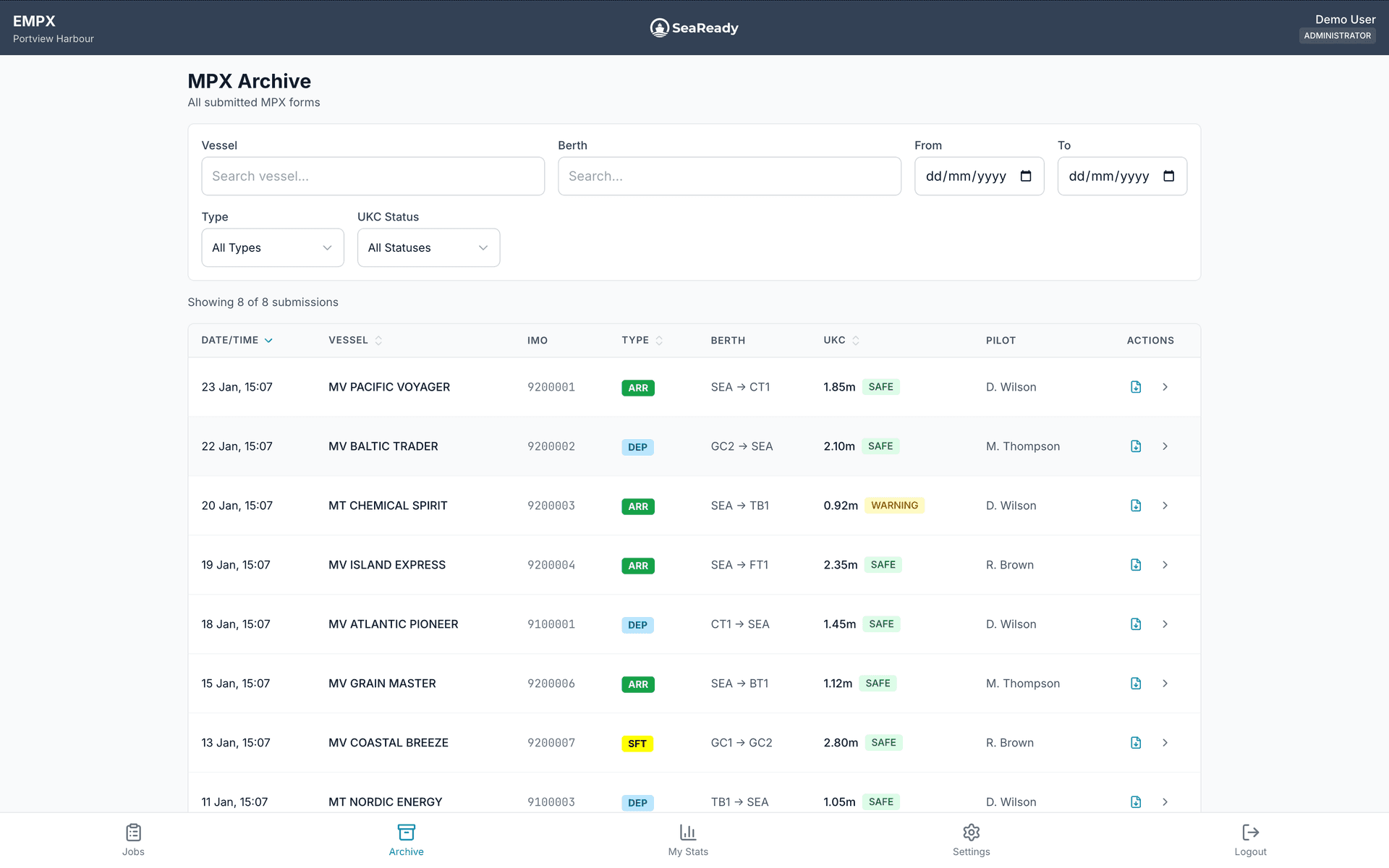 eMPX Archive interface showing searchable database of all Master/Pilot Exchange records
