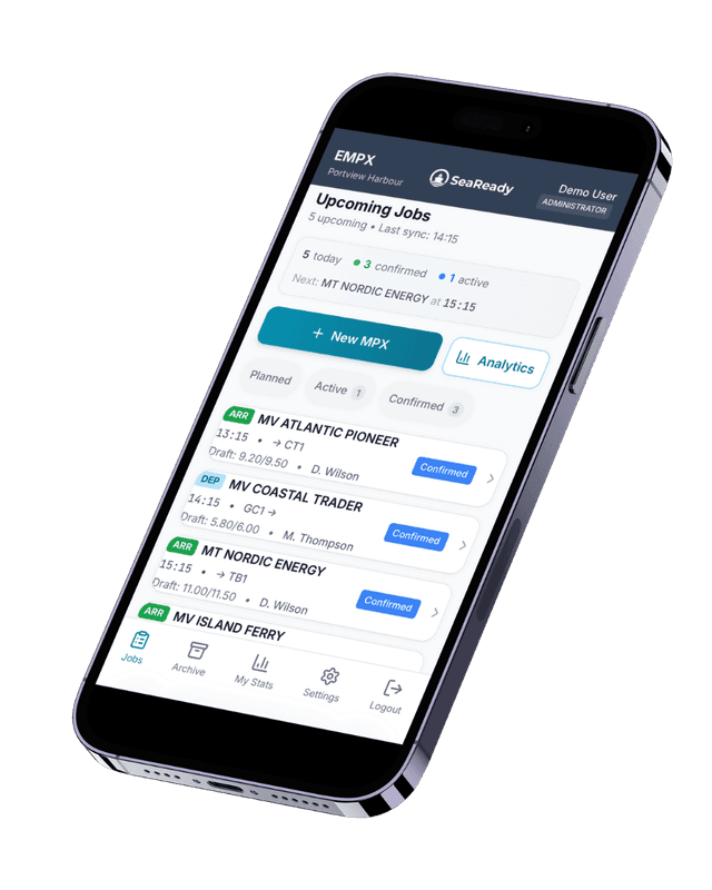 SeaReady eMPX jobs dashboard showing active pilot operations